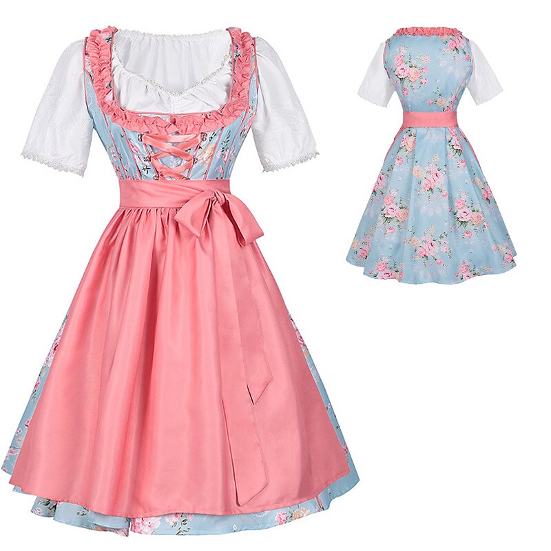 Dirndlkleid mit rosa Blumenmuster – Oktoberfest | Mit Schürze und Bluse für einen romantischen Trachtenlook