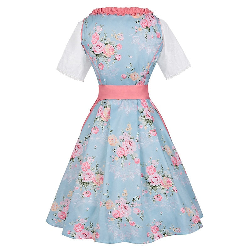 Dirndlkleid mit rosa Blumenmuster – Oktoberfest | Mit Schürze und Bluse für einen romantischen Trachtenlook