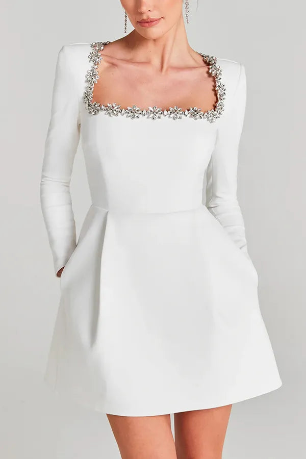 Damen Kleid Langarm Eckiger Ausschnitt Party Kleid | Mini