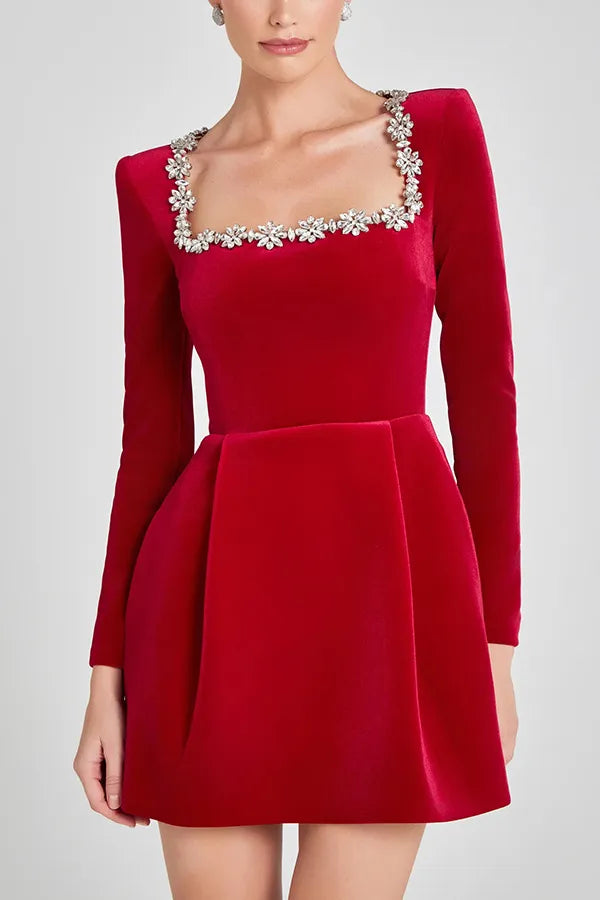 Damen Kleid Langarm Eckiger Ausschnitt Party Kleid | Mini