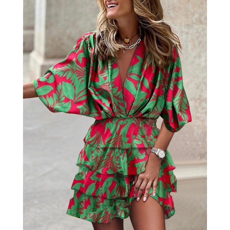 Elegantes Damenkleid mit V-Hals und Fledermausärmeln – Festliches Kleid für Sommerfeiern und Hochzeitsgäste