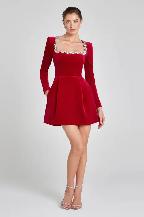 Damen Kleid Langarm Eckiger Ausschnitt Party Kleid | Mini