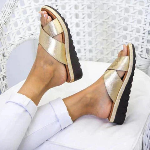 Damen Pantoletten mit Kreuzriemen und Offener Spitze | Casual