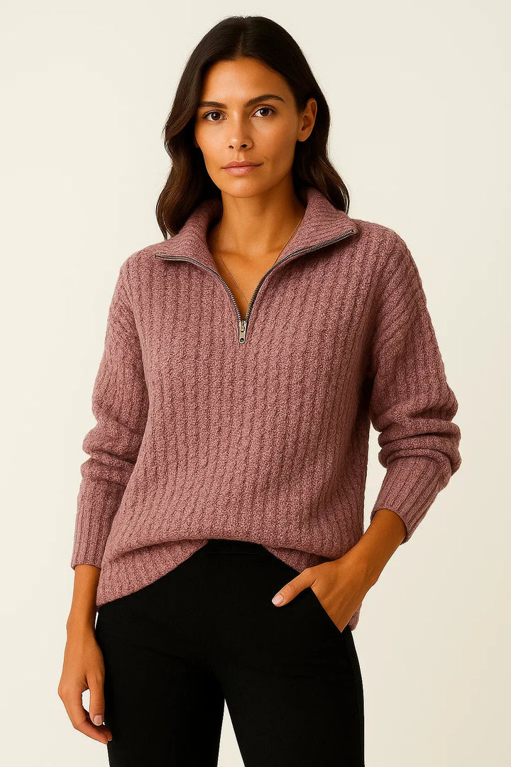 Gerippter Strickpullover mit hohem Kragen und Reißverschluss 