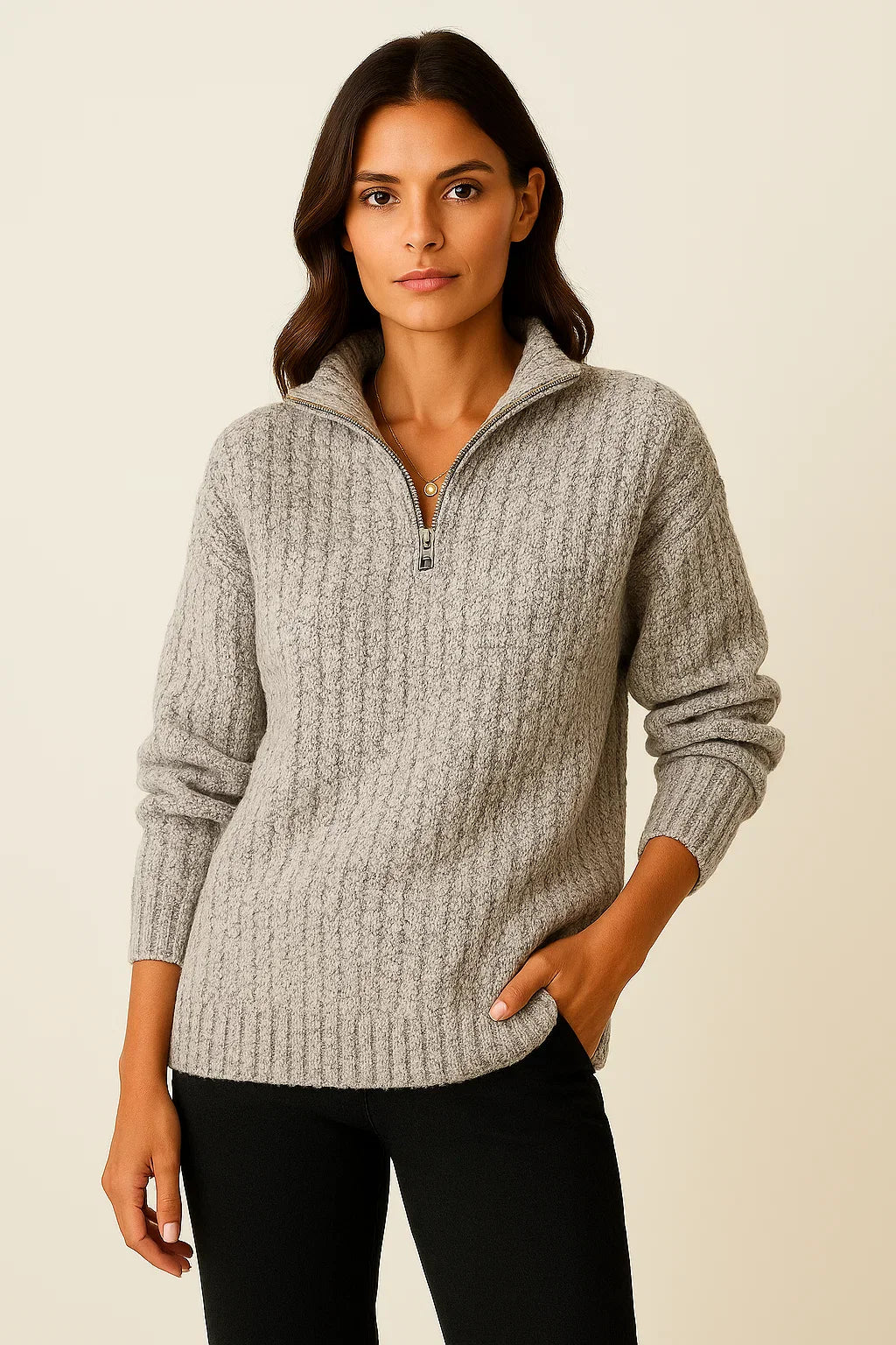 Gerippter Strickpullover mit hohem Kragen und Reißverschluss 