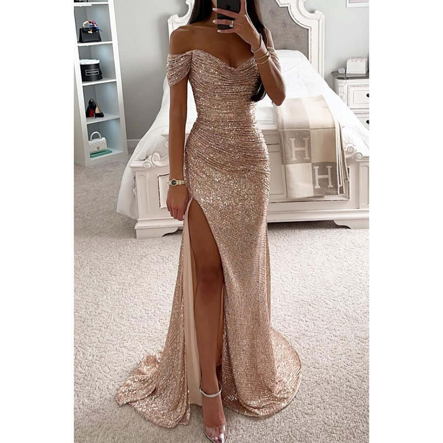 Glitzerndes schulterfreies Maxikleid mit herzförmigem Ausschnitt und Beinschlitz 5