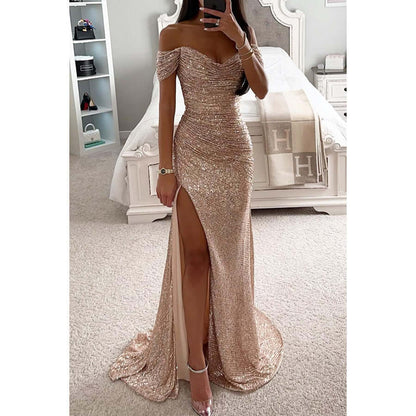 Glitzerndes schulterfreies Maxikleid mit herzförmigem Ausschnitt und Beinschlitz 5