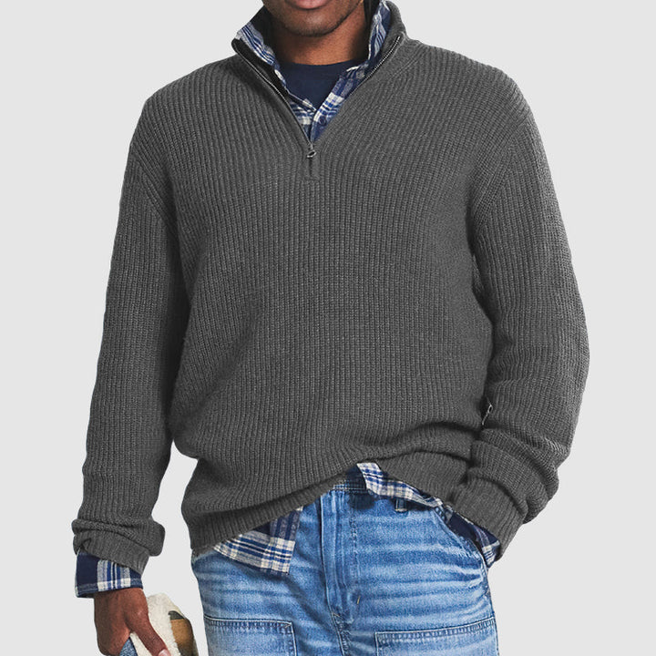 Grauer Wollpullover mit Reißverschlusskragen für Herren 0