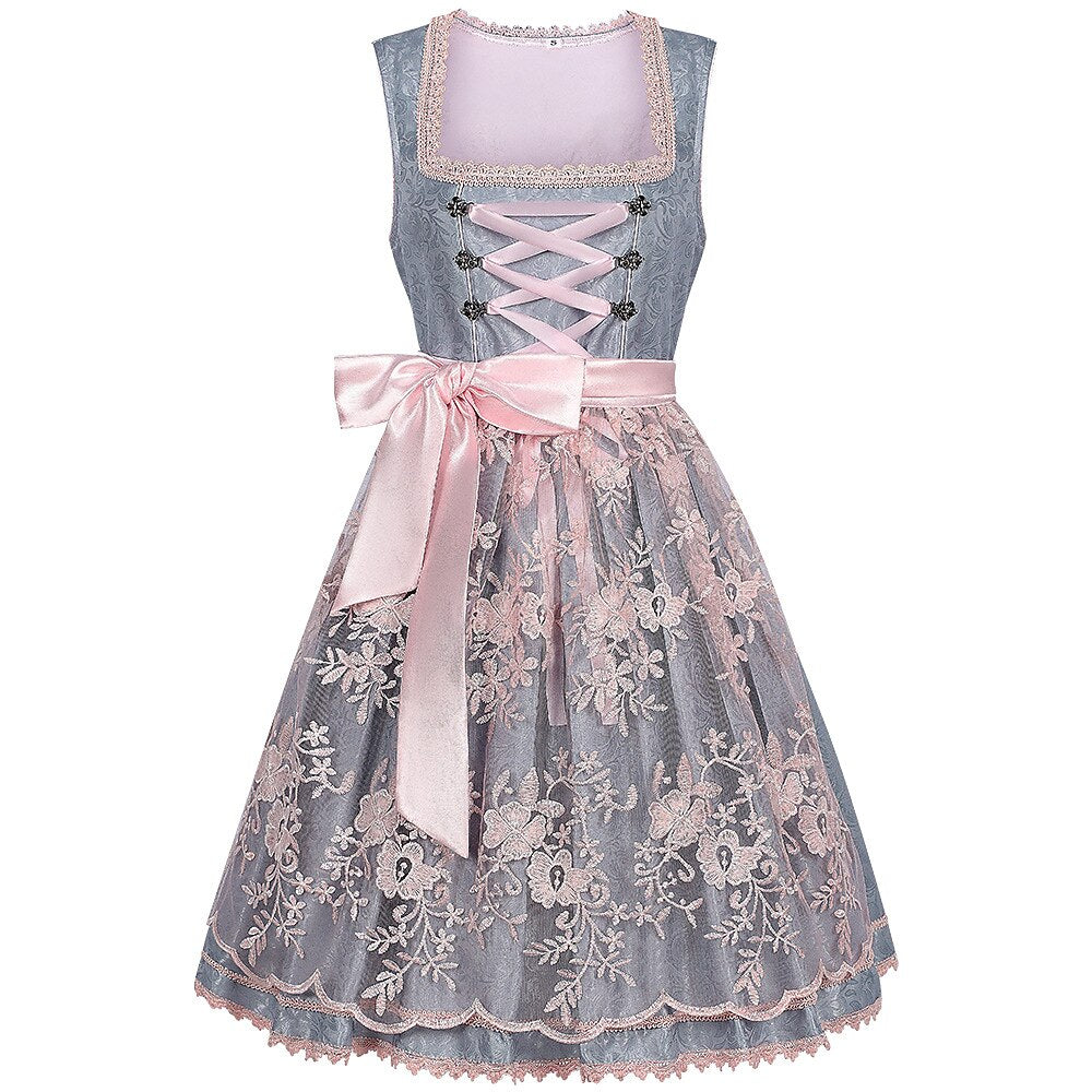 Graues Dirndlkleid – Oktoberfest | Mit rosa Spitzenschürze für einen eleganten Trachtenlook