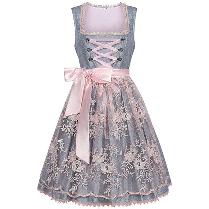Graues Dirndlkleid – Oktoberfest | Mit rosa Spitzenschürze für einen eleganten Trachtenlook
