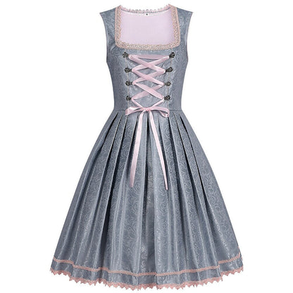 Graues Dirndlkleid – Oktoberfest | Mit rosa Spitzenschürze für einen eleganten Trachtenlook