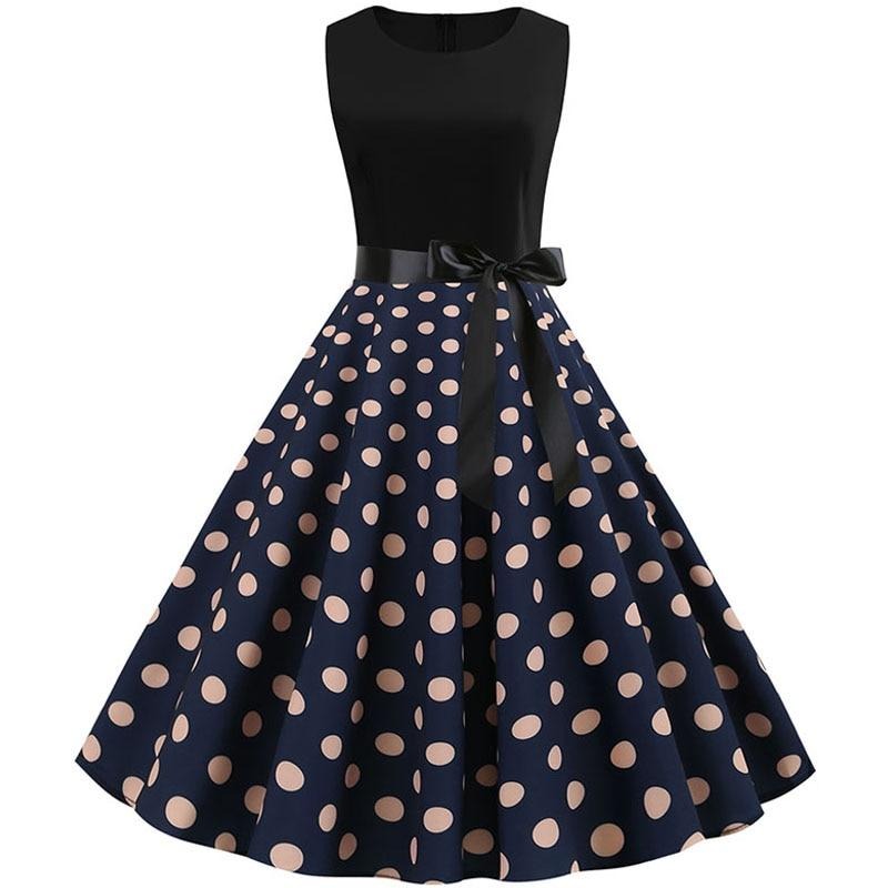 Robe sans manches ajustée et évasée pour femme | Jupe à pois