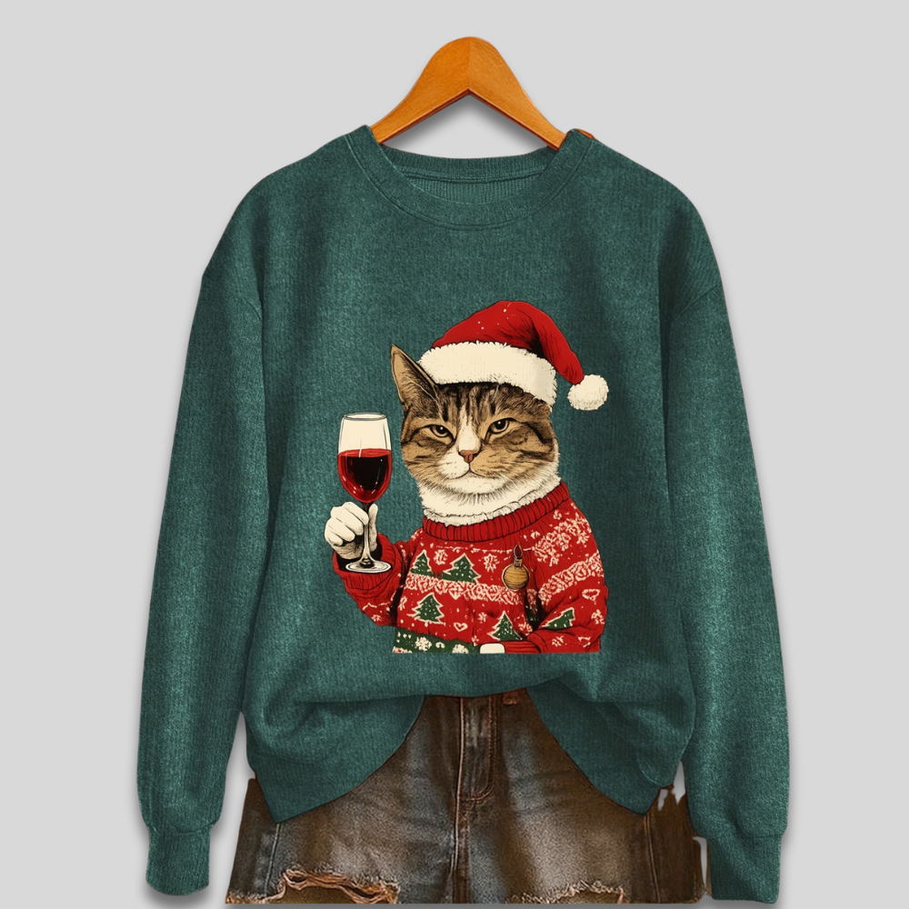 Hässlicher Weihnachtspullover für Damen – Lustiges Sweatshirt mit Katze und Weihnachtsmann 
