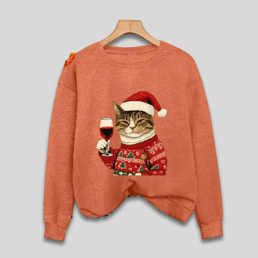 Hässlicher Weihnachtspullover für Damen – Lustiges Sweatshirt mit Katze und Weihnachtsmann 
