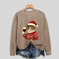 Hässlicher Weihnachtspullover für Damen – Lustiges Sweatshirt mit Katze und Weihnachtsmann 