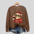 Hässlicher Weihnachtspullover für Damen – Lustiges Sweatshirt mit Katze und Weihnachtsmann 