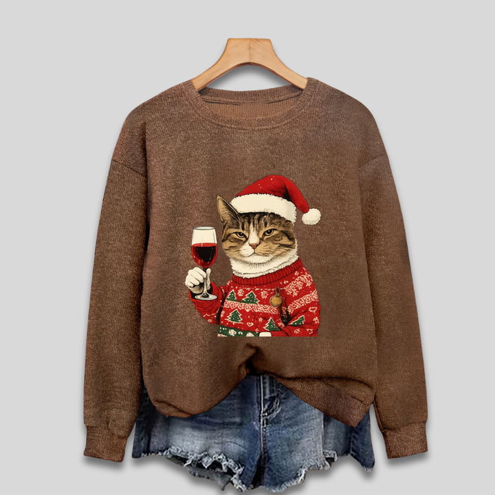 Hässlicher Weihnachtspullover für Damen – Lustiges Sweatshirt mit Katze und Weihnachtsmann 