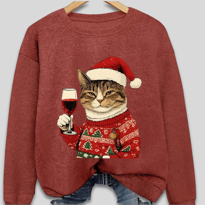 Hässlicher Weihnachtspullover für Damen – Lustiges Sweatshirt mit Katze und Weihnachtsmann 