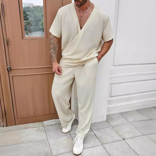 Herren Sommer Set – Lässiges V-Hals T-Shirt mit Kurzen Ärmeln und Luftiger Hose – Bequeme Passform für Freizeit und Alltag