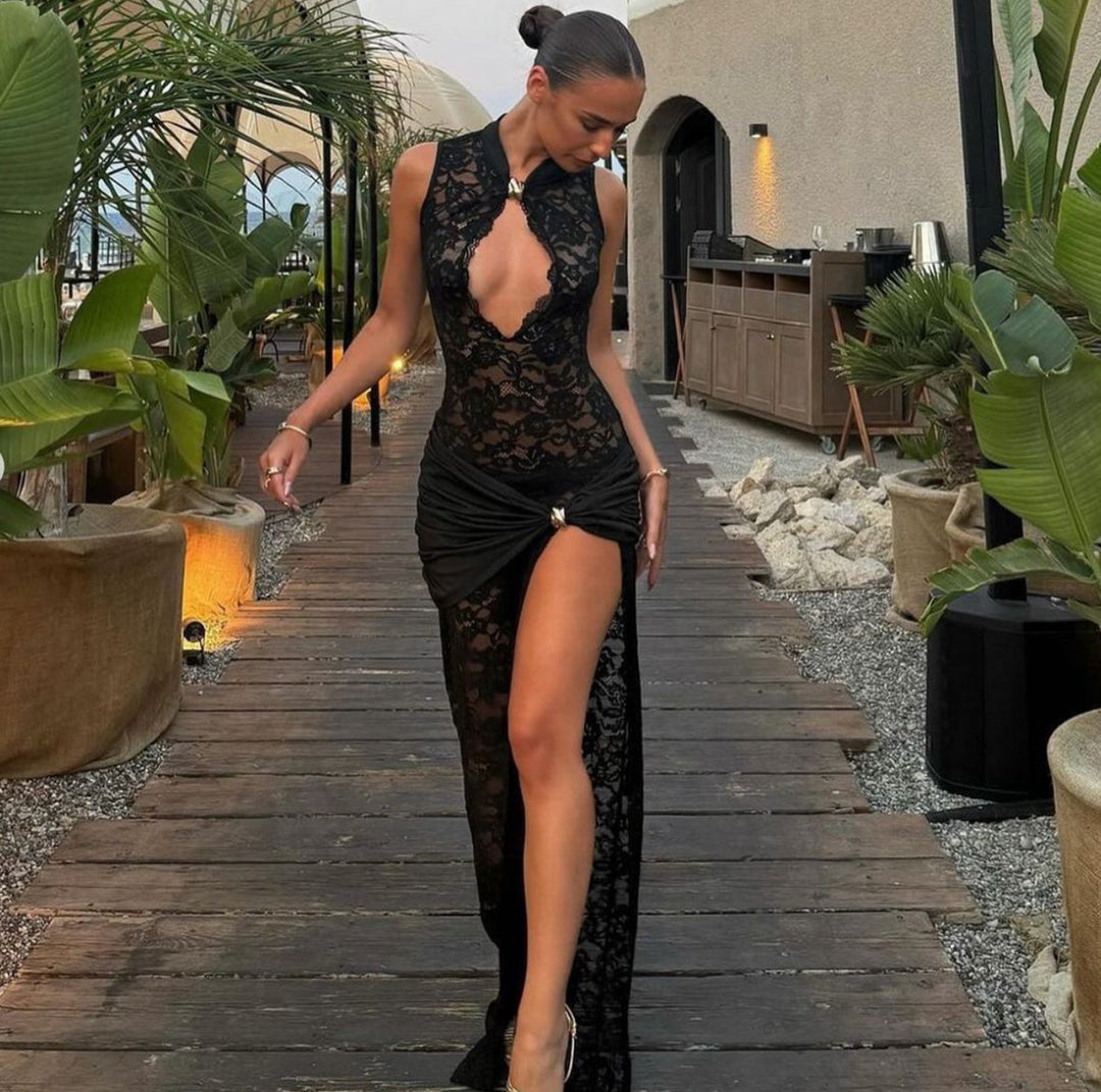 Damen Ärmelloses Hochhals Schlitz Kleid | Maxi