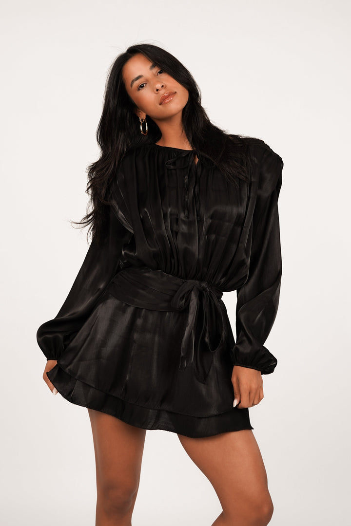 Damen Langarm Rundhals Taillengürtel Kleid | Mini