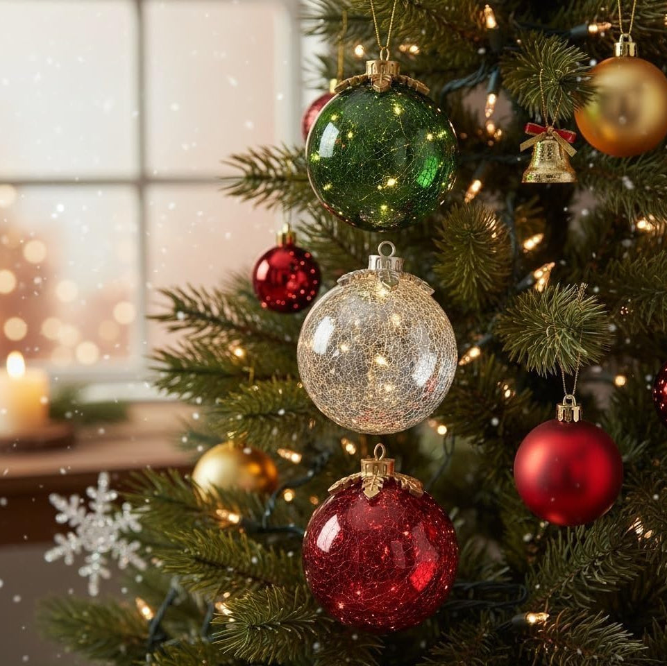 LED-Weihnachtskugeln aus Crackle-Glas – Beleuchtete Baumschmuckstücke für die Weihnachtsdekoration