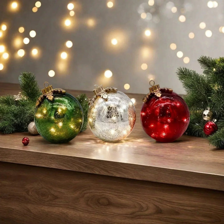 LED-Weihnachtskugeln aus Crackle-Glas – Beleuchtete Baumschmuckstücke für die Weihnachtsdekoration