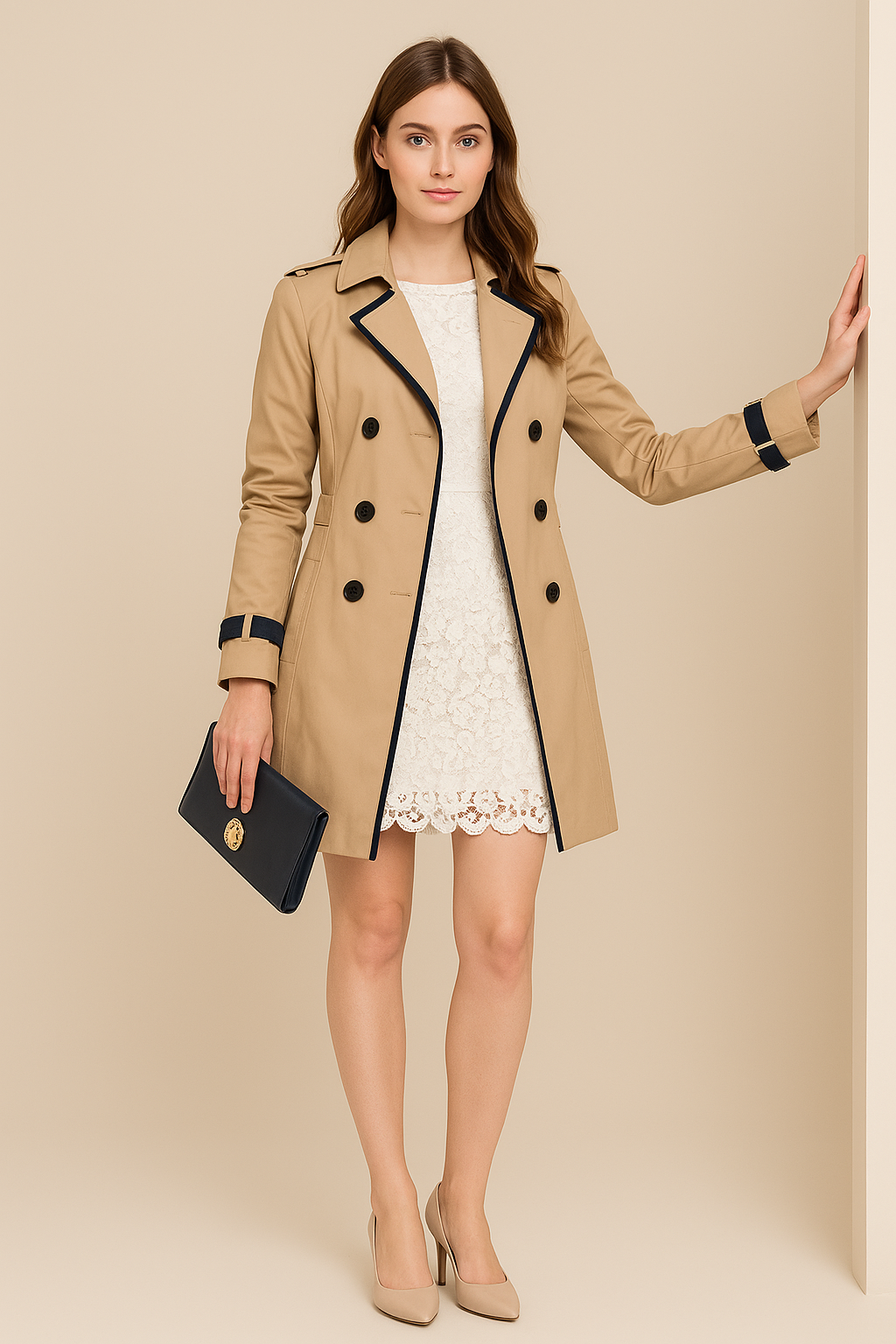 Macy – Zweireihiger Trenchcoat für Damen mit Kontrastbesatz