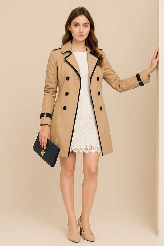 Macy – Zweireihiger Trenchcoat für Damen mit Kontrastbesatz