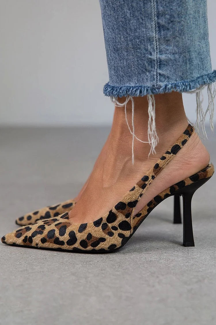 Maria | Spitz zulaufende Slingback-Pumps mit Leopardenmuster in Khaki mit Stilettoabsatz 0