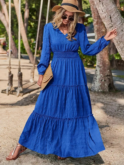 Maxikleid | Lange Kleider für Damen im Sommer mit V-Ausschnitt und gestuftem Rock