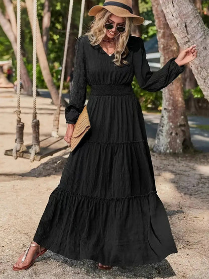 Maxikleid | Lange Kleider für Damen im Sommer mit V-Ausschnitt und gestuftem Rock