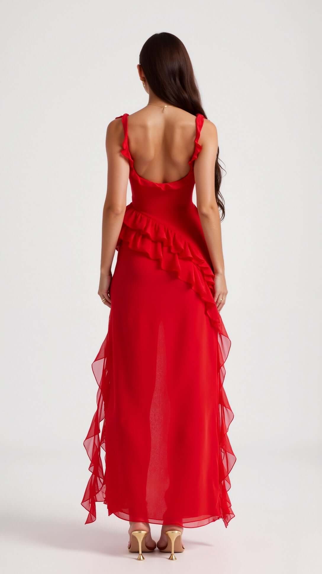 Maxikleid mit Rüschenträgern und asymmetrischer Wasserfallrüsche 7
