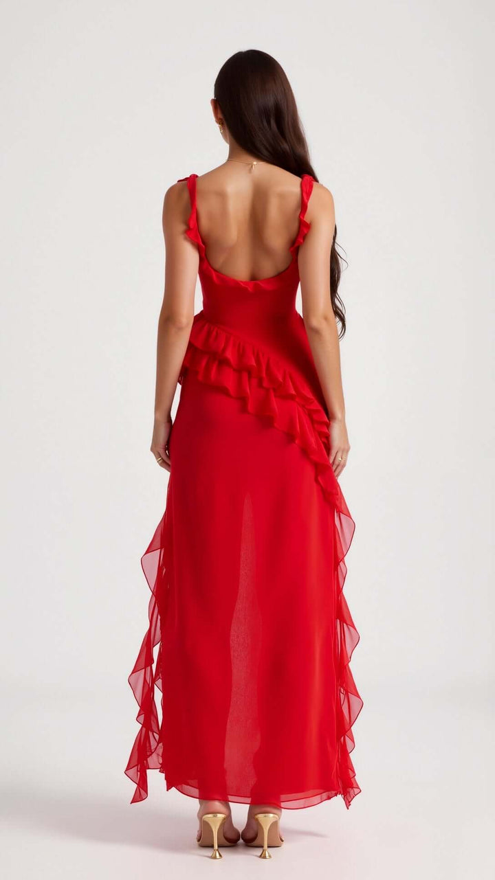 Maxikleid mit Rüschenträgern und asymmetrischer Wasserfallrüsche 7