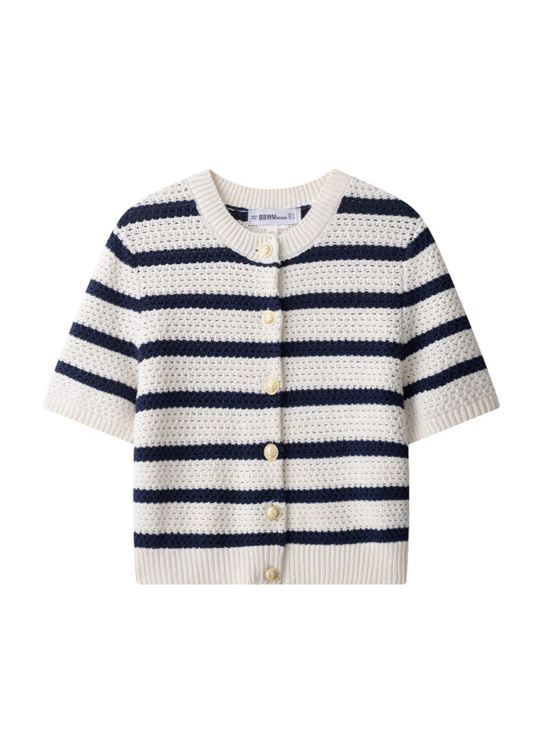 Cardigan donna a maniche corte con scollo rotondo e bottoni | A righe