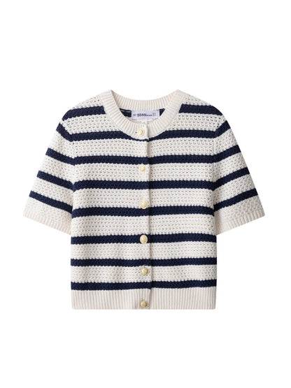 Cardigan donna a maniche corte con scollo rotondo e bottoni | A righe