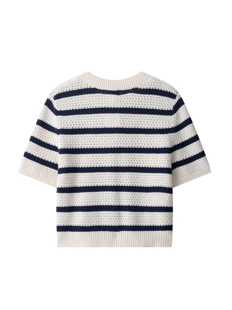 Cardigan donna a maniche corte con scollo rotondo e bottoni | A righe