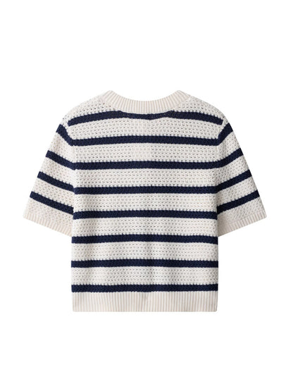 Cardigan donna a maniche corte con scollo rotondo e bottoni | A righe