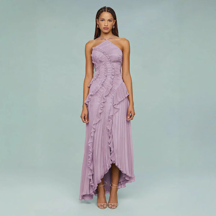 Damen Halterneck Maxikleid mit Falten Rüschen asymmetrischem Schnitt | Maxi