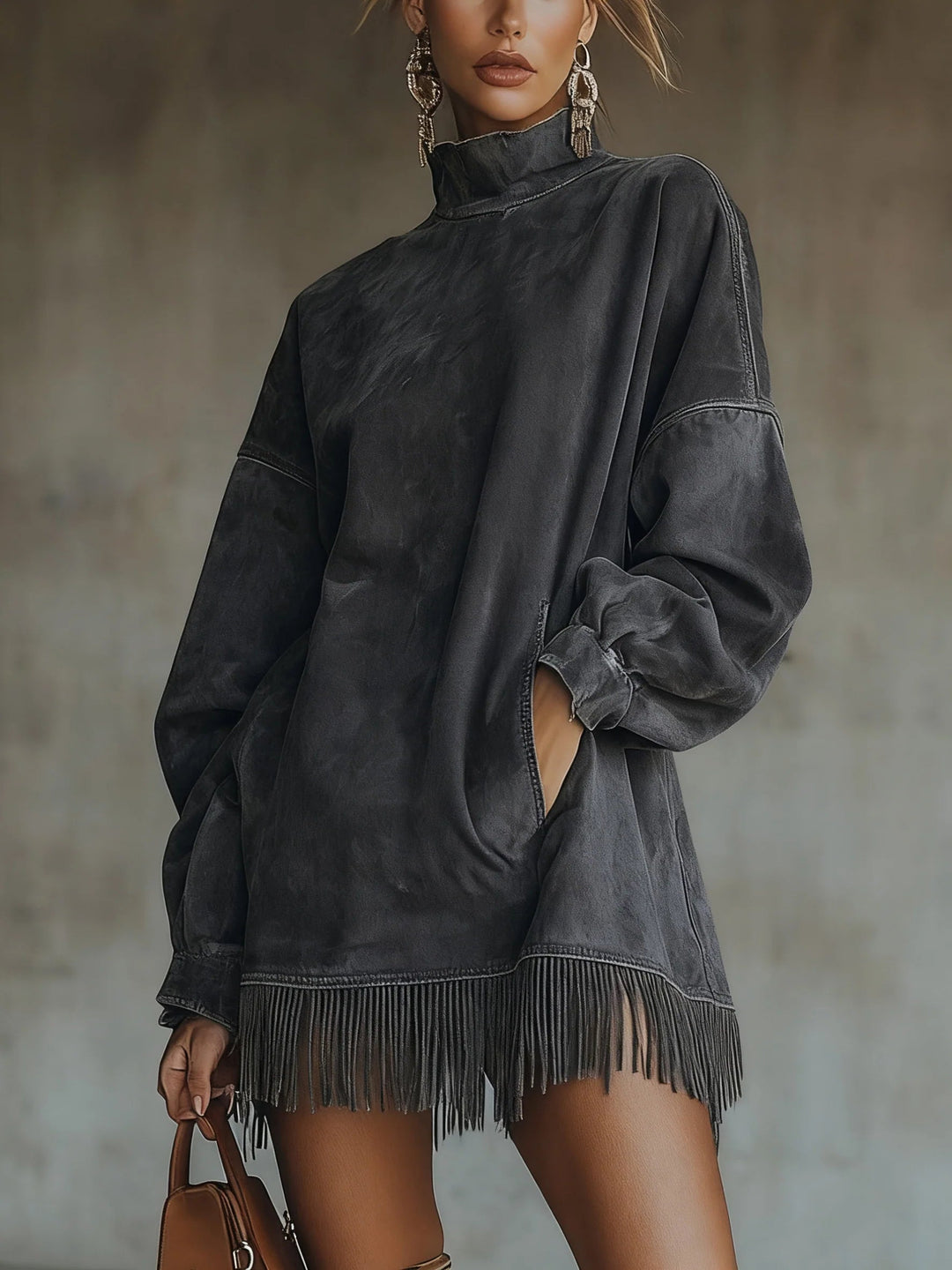 Gabriela | Women's Faux Suede High-Neck Fringe Dress