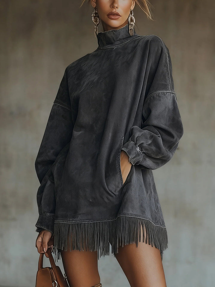 Gabriela | Women's Faux Suede High-Neck Fringe Dress