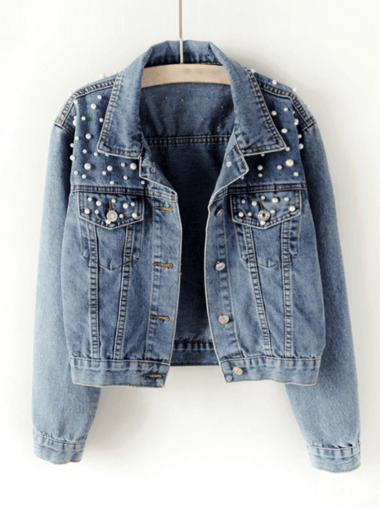 Oversized Denimjacke Damen mit Perlenverzierung und Klassischem Kragen – Modische Übergangsjacke für Jede Garderobe