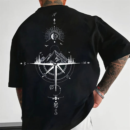 Oversized T-Shirt für Männer mit Kompass- und Berggrafik – Bequem, Atmungsaktiv und Stilvoll