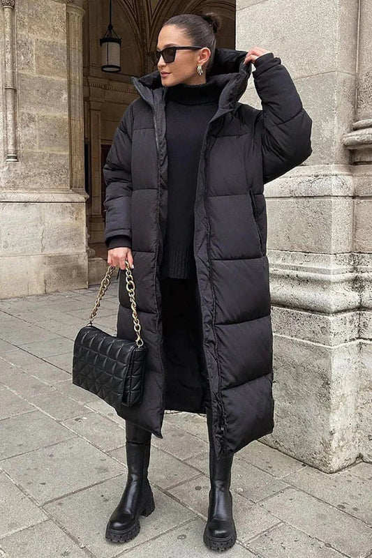 Puffermantel für Damen – Gesteppte Oversize-Passform – Lange Länge – Kapuze – Hoher Kragen, warme Kleidung