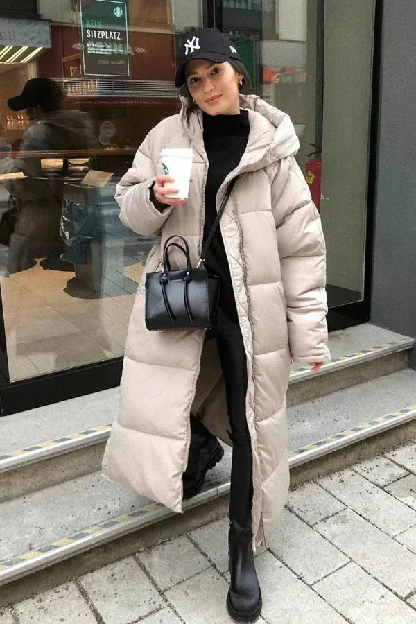 Puffermantel für Damen – Gesteppte Oversize-Passform – Lange Länge – Kapuze – Hoher Kragen, warme Kleidung