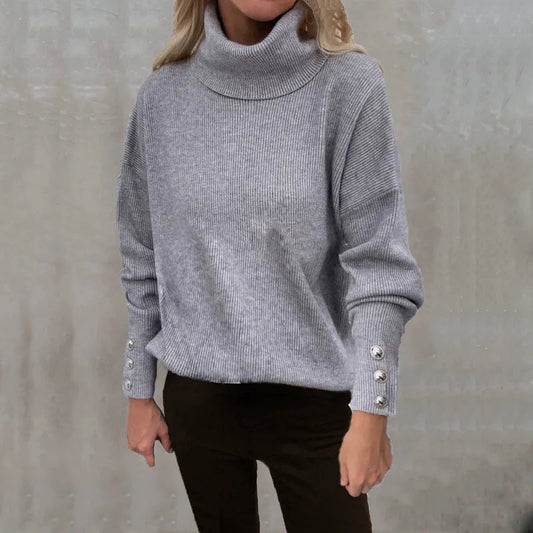 Damen Rollkragenpullover – Oversize-Passform – Lange Ärmel mit Knöpfen