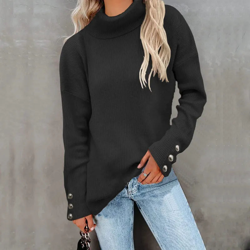 Damen Rollkragenpullover – Oversize-Passform – Lange Ärmel mit Knöpfen