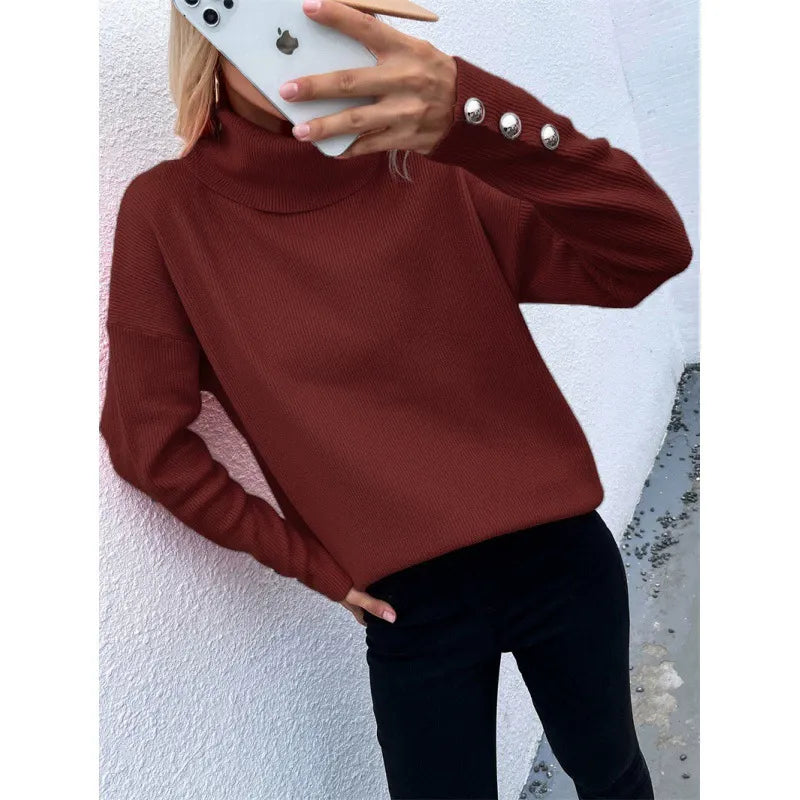 Damen Rollkragenpullover – Oversize-Passform – Lange Ärmel mit Knöpfen