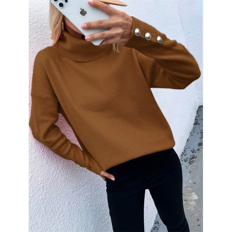 Damen Rollkragenpullover – Oversize-Passform – Lange Ärmel mit Knöpfen