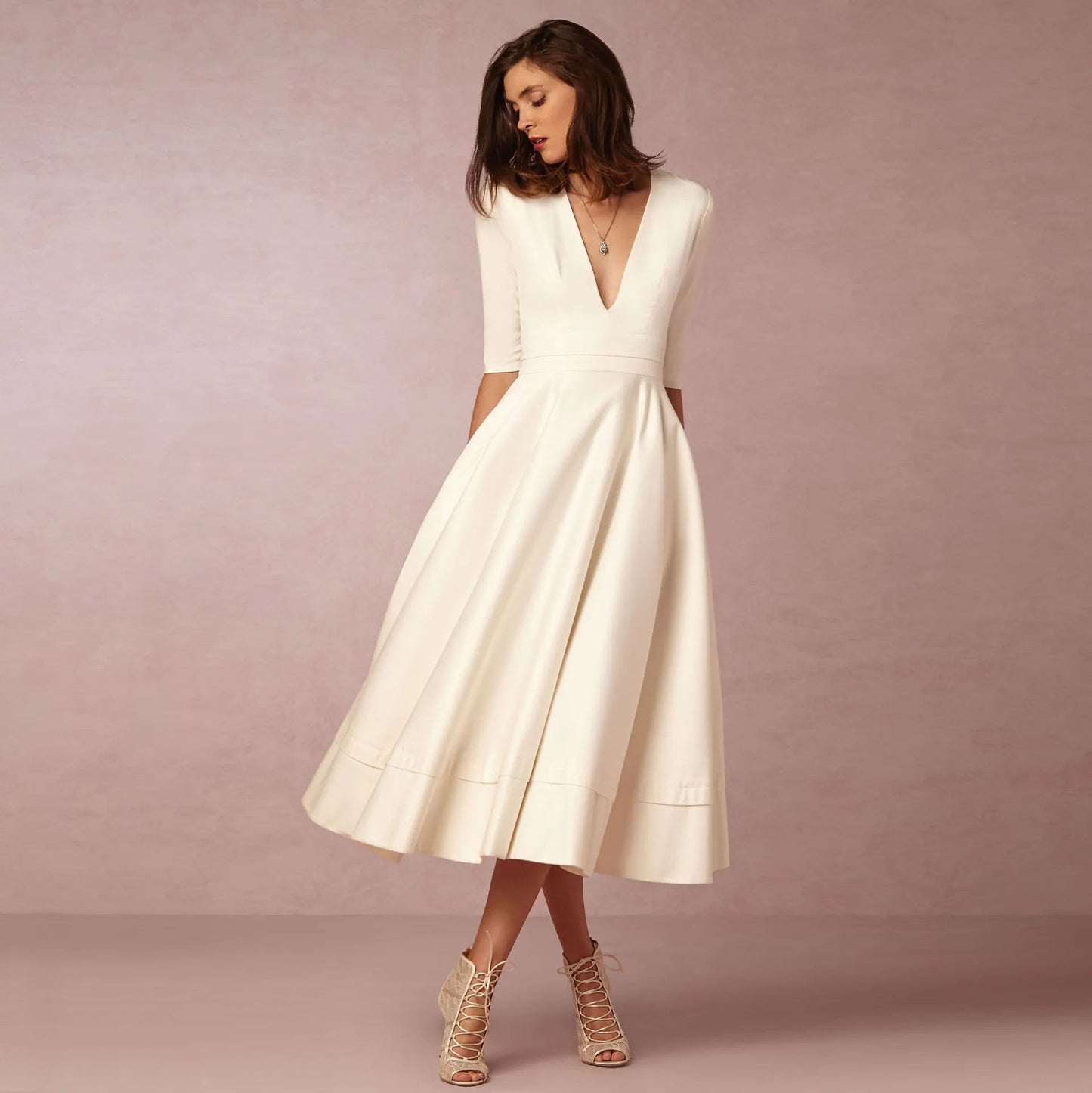 Roryna | Damen Hochzeitsgast Kleid mit V-Ausschnitt und Kurzen Ärmeln | Midi 1